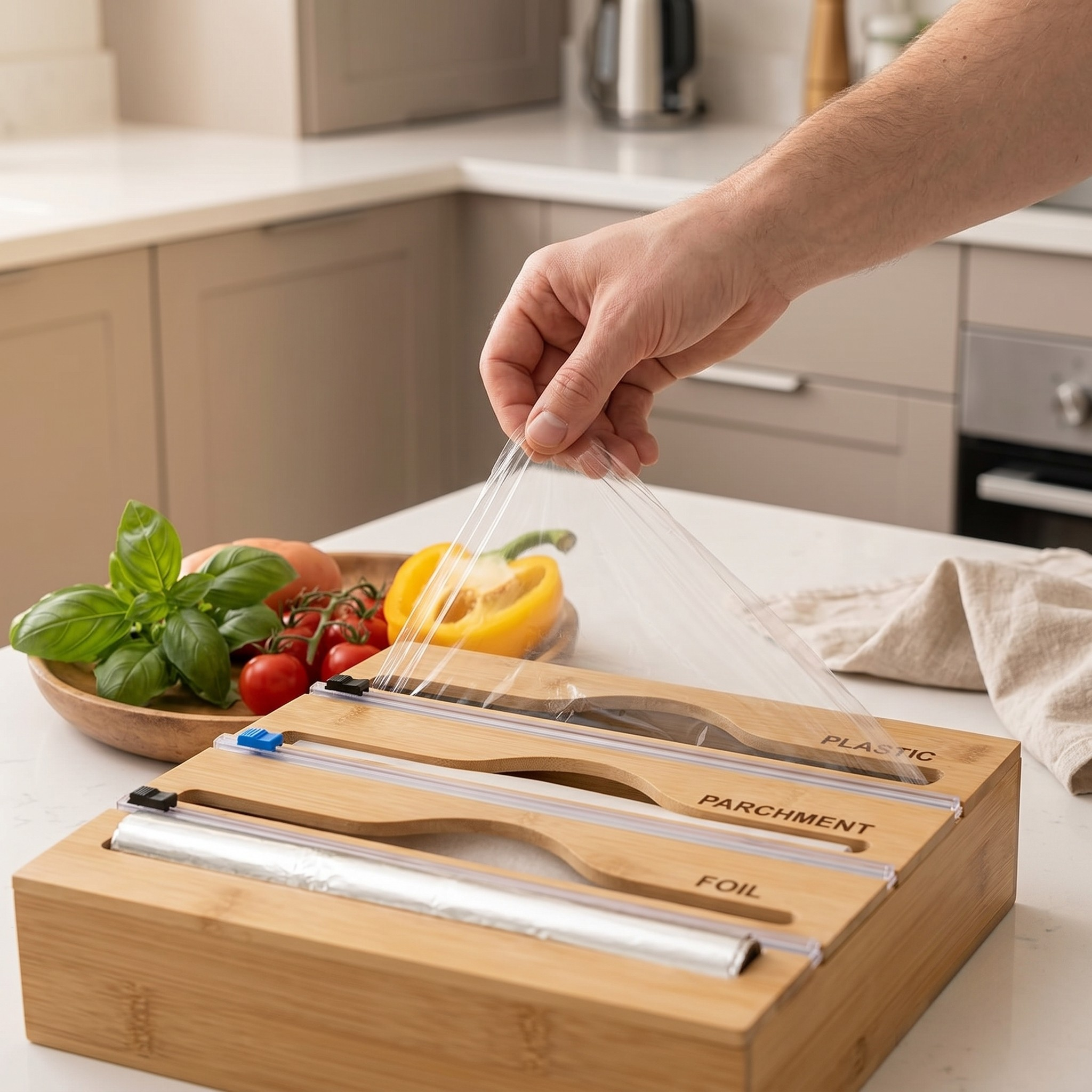 Kitchen Wrap Organizer, 3 Roll Storage, Built In Sliding Cutters, Drawer Mount
