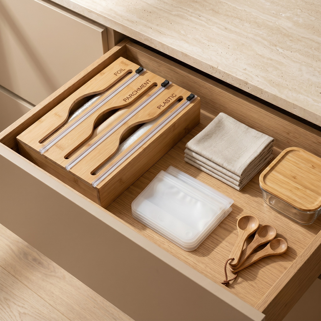 Kitchen Wrap Organizer, 3 Roll Storage, Built In Sliding Cutters, Drawer Mount