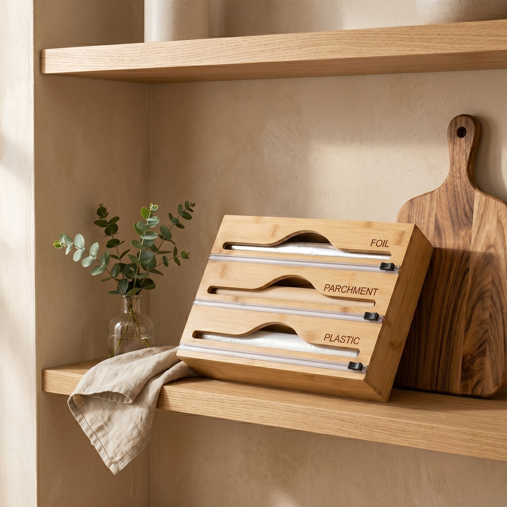 Kitchen Wrap Organizer, 3 Roll Storage, Built In Sliding Cutters, Drawer Mount