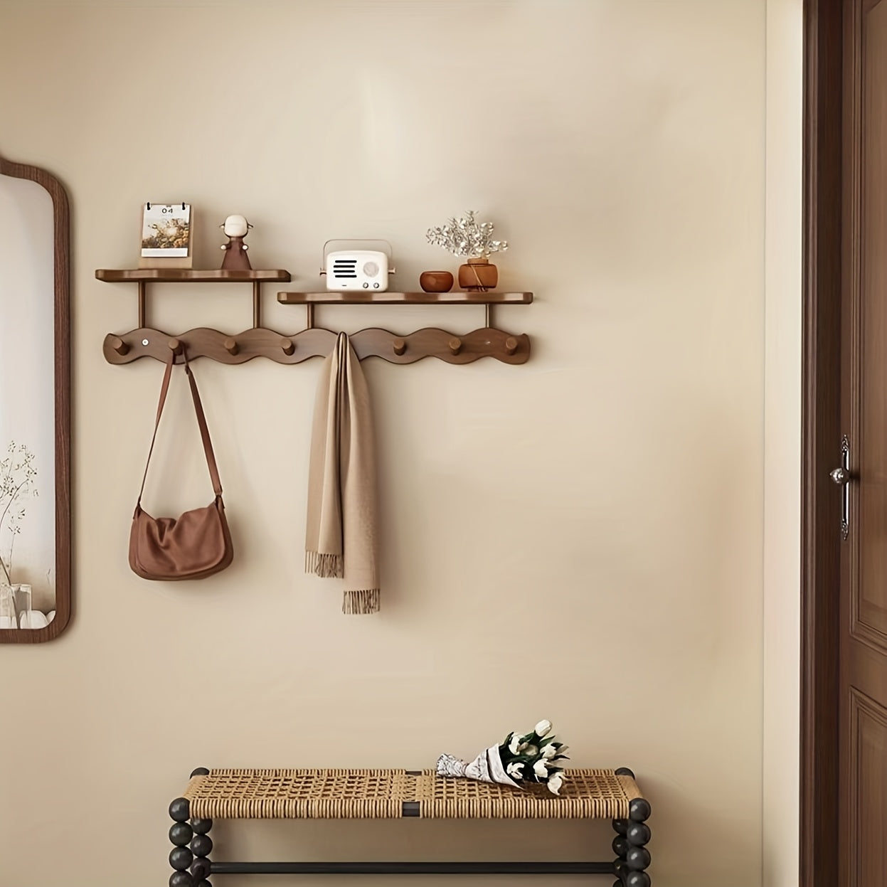 BambooLine: Wall-Mounted Coat Rack – Modern Wooden Design with 8 Hooks, Space-Saving & Decorative for Hallway & Bedroom