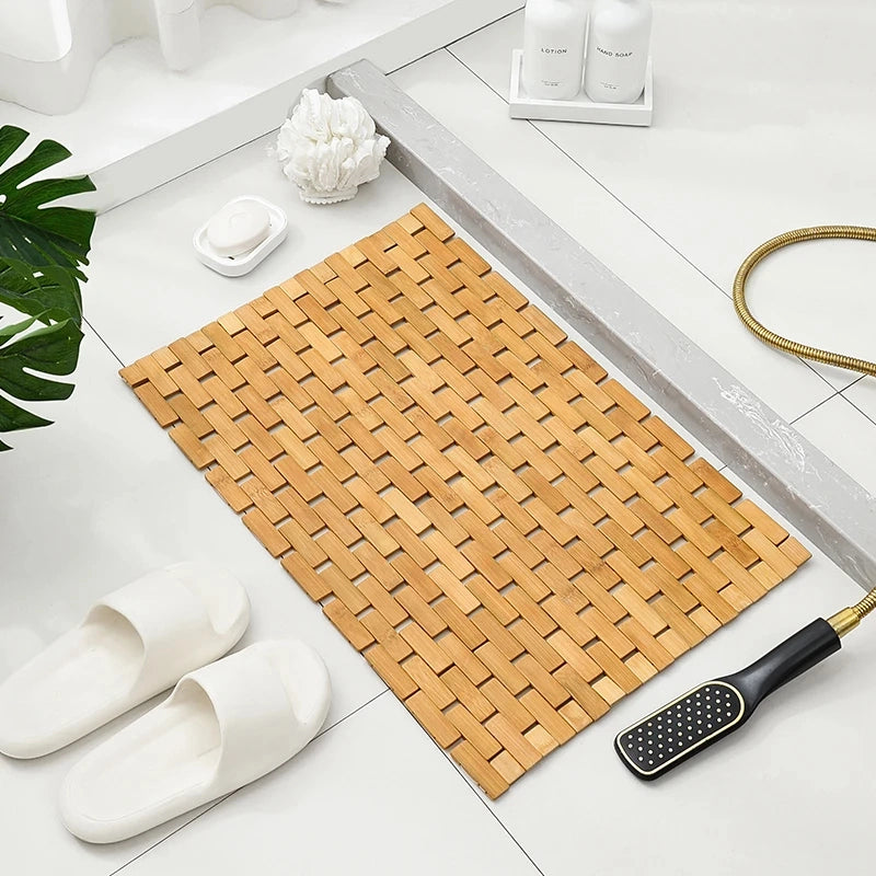 Bath Mat Bamboo Slatted EVA Backing Foldable Natural Finish, Non Slip Design