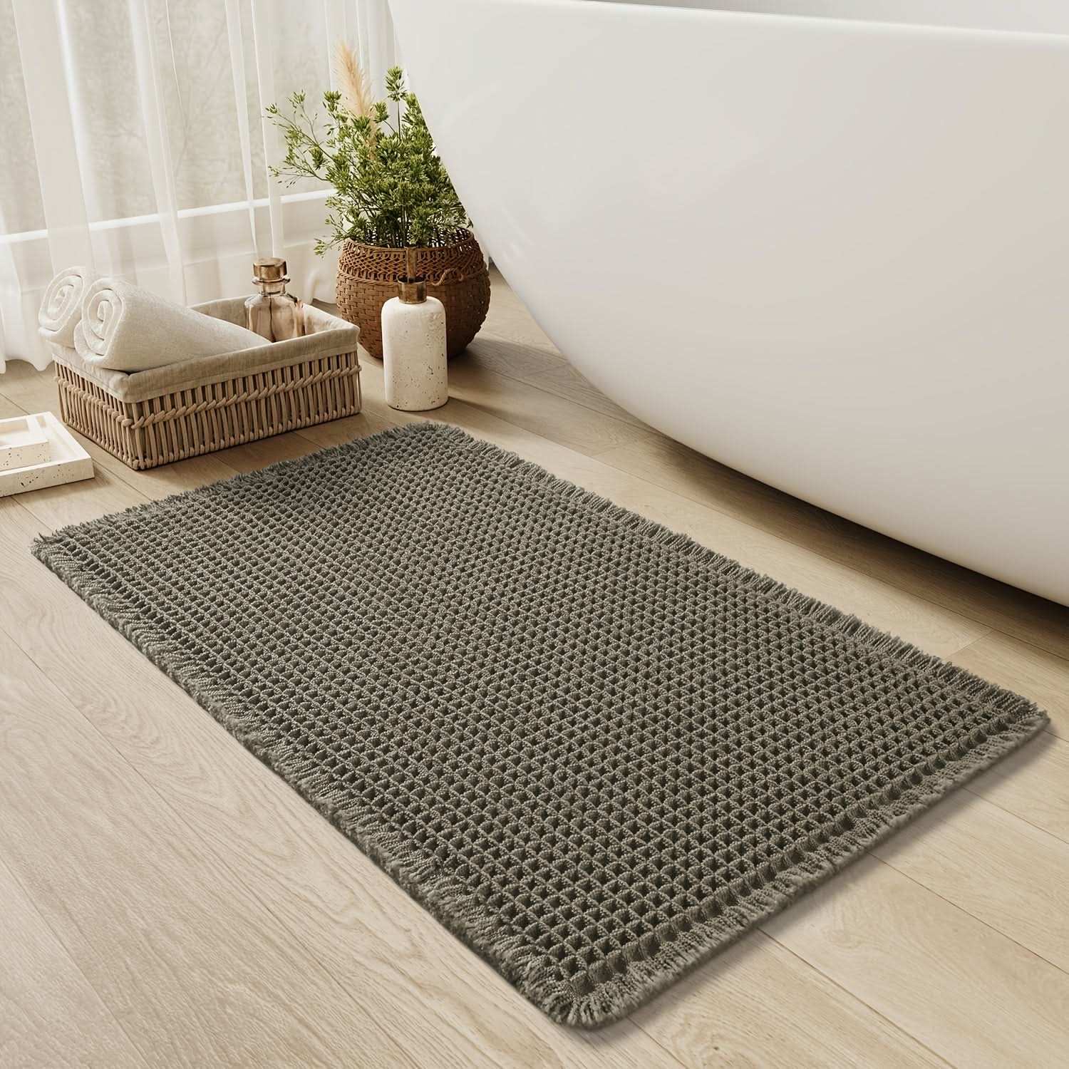 Bath Mat Cotton Waffle Non Slip Backing Rectangular, Soft Quick-Drying Bathroom Rug