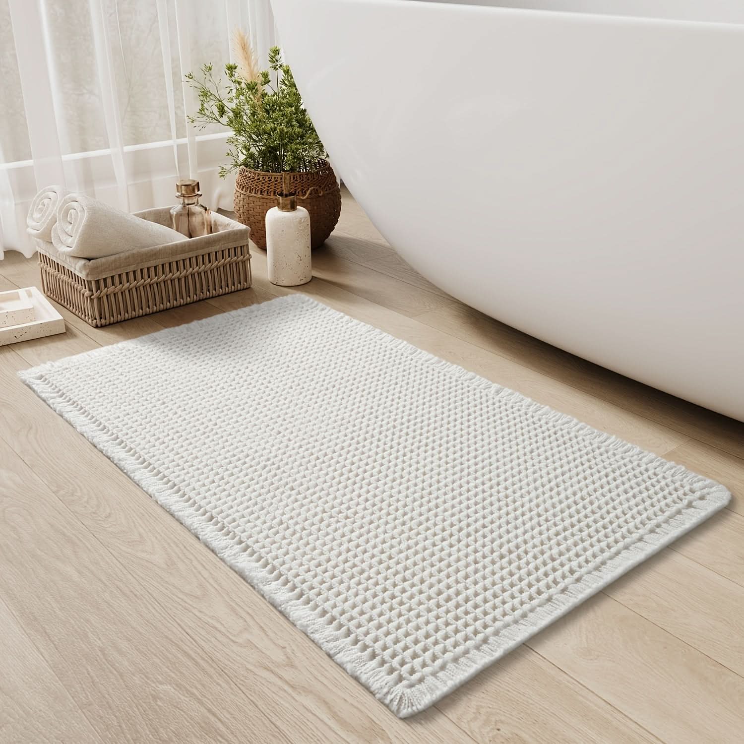Bath Mat Cotton Waffle Non Slip Backing Rectangular, Soft Quick-Drying Bathroom Rug