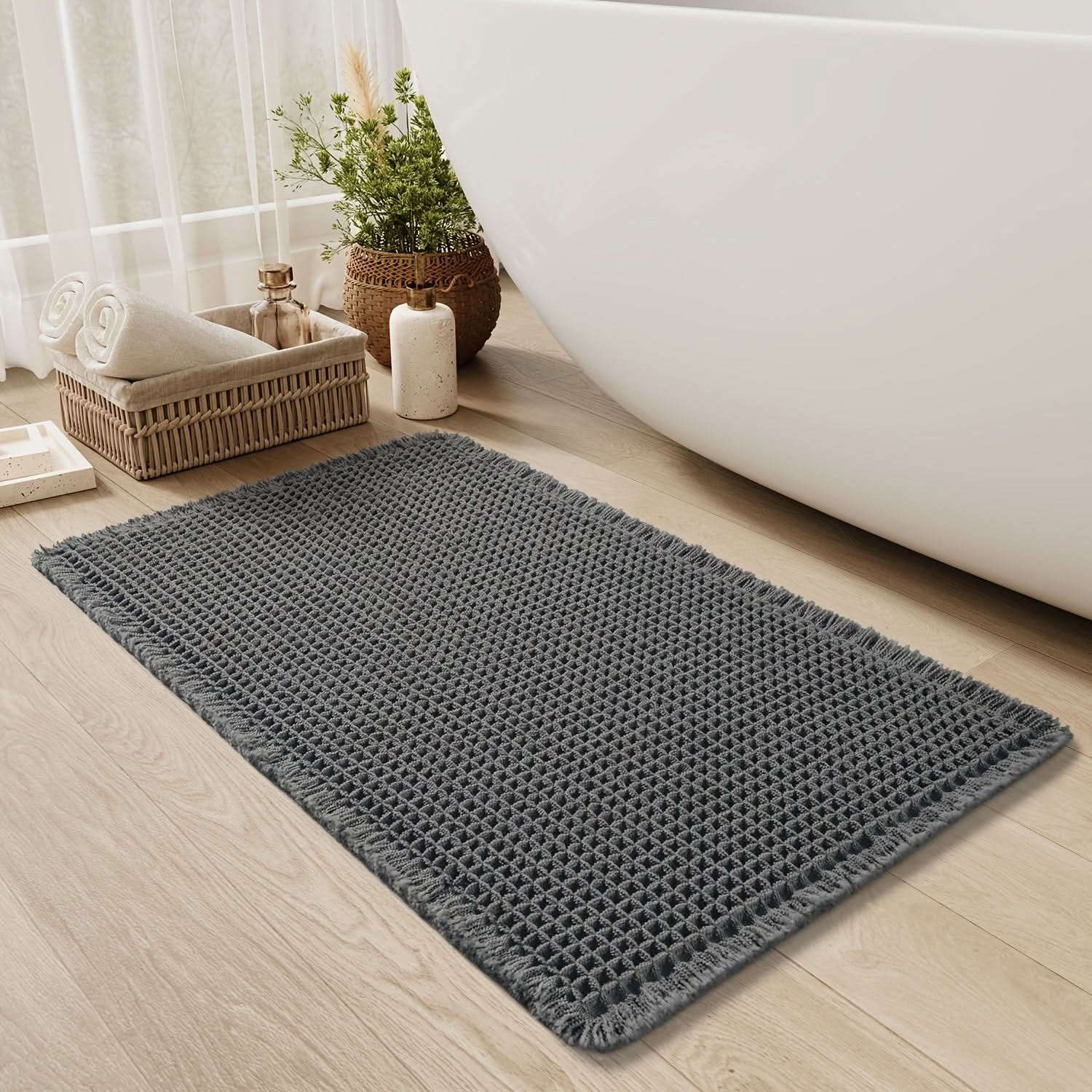 Bath Mat Cotton Waffle Non Slip Backing Rectangular, Soft Quick-Drying Bathroom Rug
