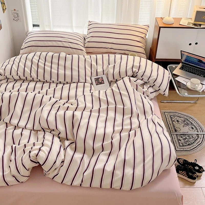 Bedding Set Polyester Striped Duvet Cover Bed Sheet Pillowcases