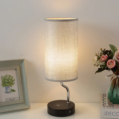 Bedside Table Lamp, Metal Construction, Wireless Charging Base, Touch Control