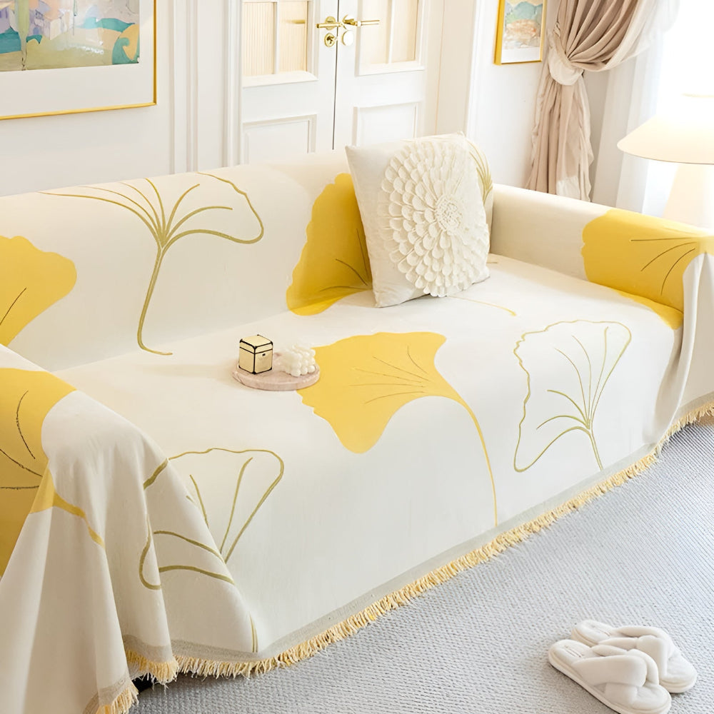 LeafDream: Sofa cover made of luxurious chenille with artistic ginkgo pattern & breathable comfort – for sofa & bedroom