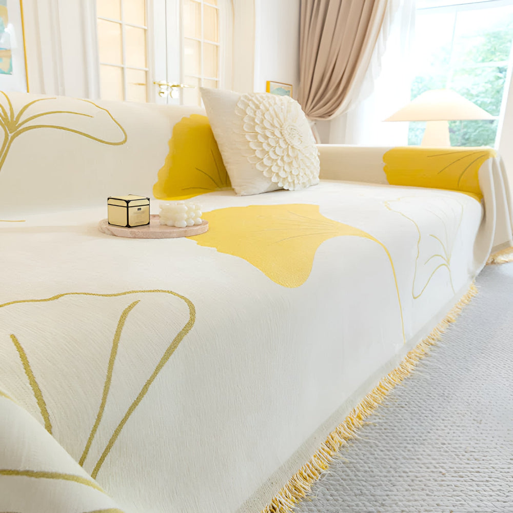 LeafDream: Sofa cover made of luxurious chenille with artistic ginkgo pattern & breathable comfort – for sofa & bedroom