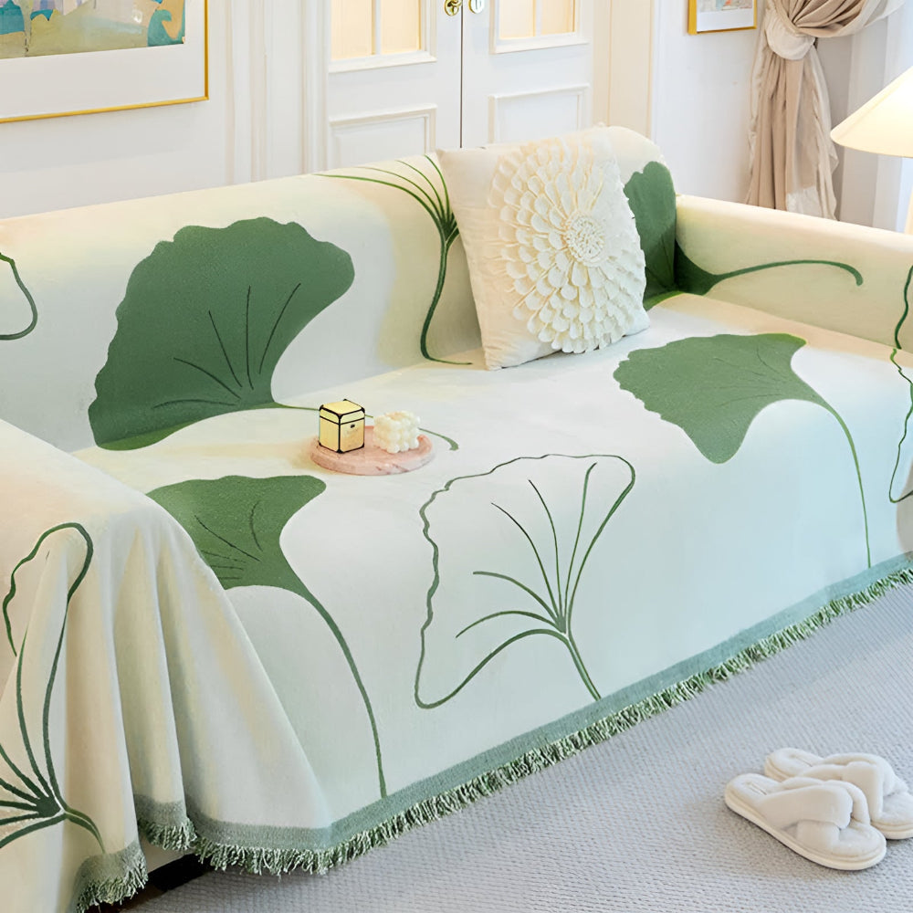 LeafDream: Sofa cover made of luxurious chenille with artistic ginkgo pattern & breathable comfort – for sofa & bedroom