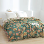 BlütenGrün: Cotton Blankets in Jacquard Design with Floral Pattern & Reversible Function – for Sofa & Bedroom