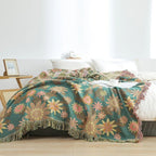 BlütenGrün: Cotton Blankets in Jacquard Design with Floral Pattern & Reversible Function – for Sofa & Bedroom