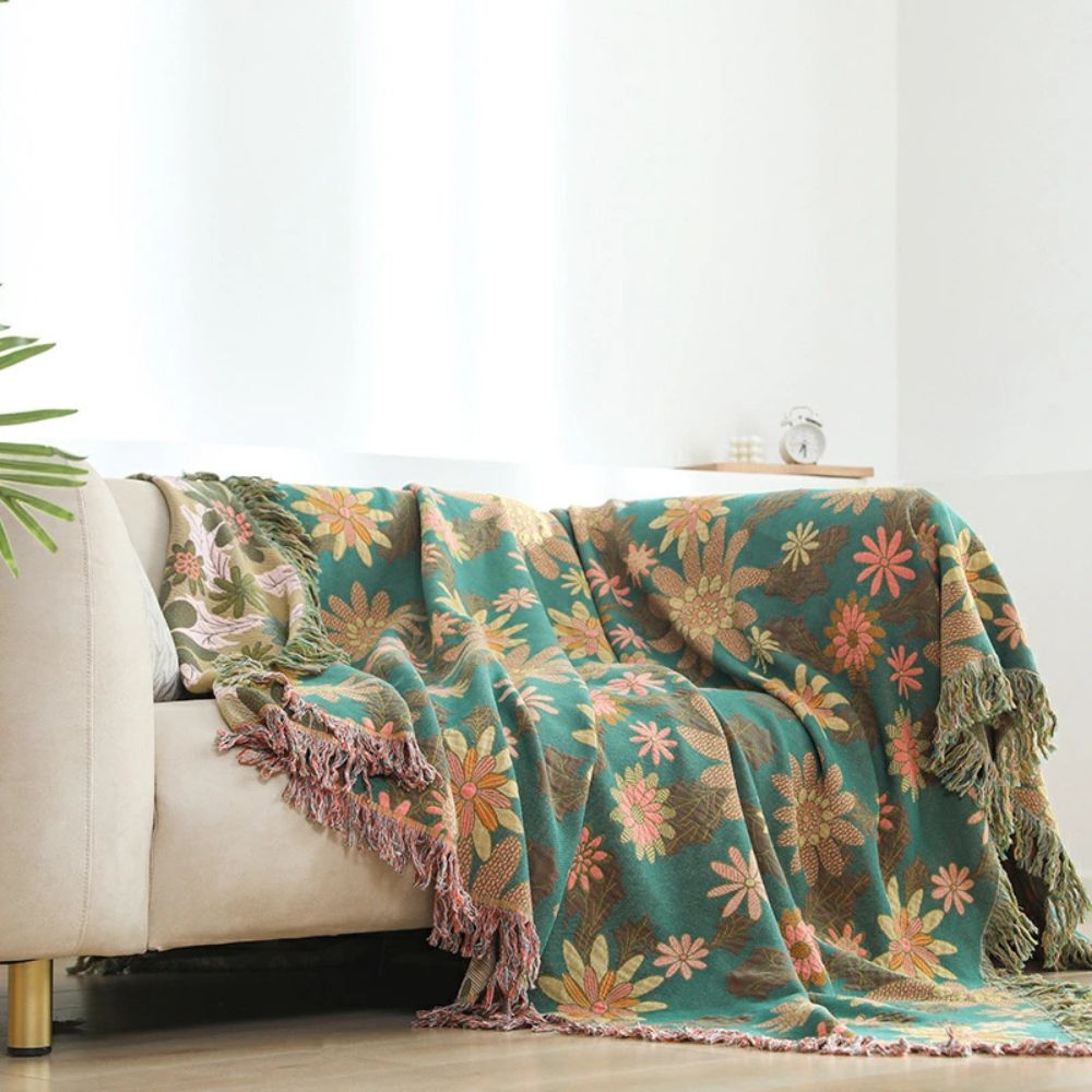 BlütenGrün: Cotton Blankets in Jacquard Design with Floral Pattern & Reversible Function – for Sofa & Bedroom