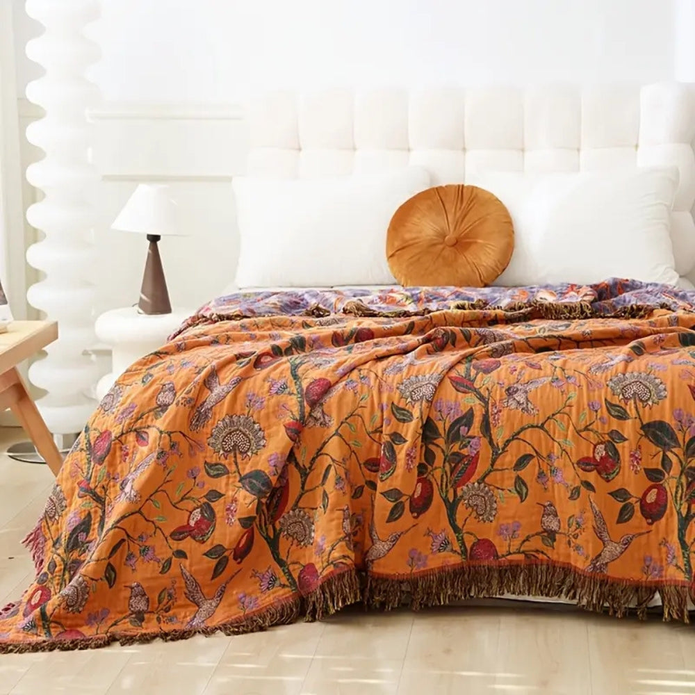 BlütenLoom: Cotton Blanket with Floral Pattern – Reversible Cozy Blanket with Fringes for Sofa & Bed