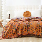 BlütenLoom: Cotton Blanket with Floral Pattern – Reversible Cozy Blanket with Fringes for Sofa & Bed
