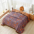 BlütenLoom: Cotton Blanket with Floral Pattern – Reversible Cozy Blanket with Fringes for Sofa & Bed