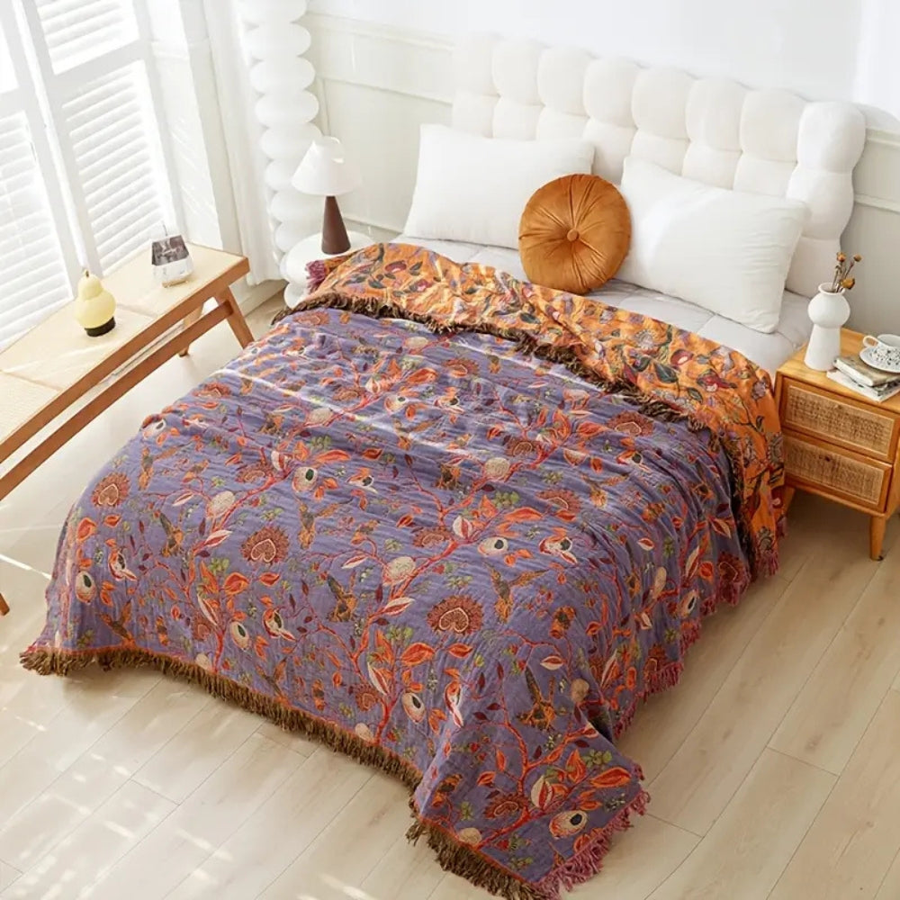 BlütenLoom: Cotton Blanket with Floral Pattern – Reversible Cozy Blanket with Fringes for Sofa & Bed