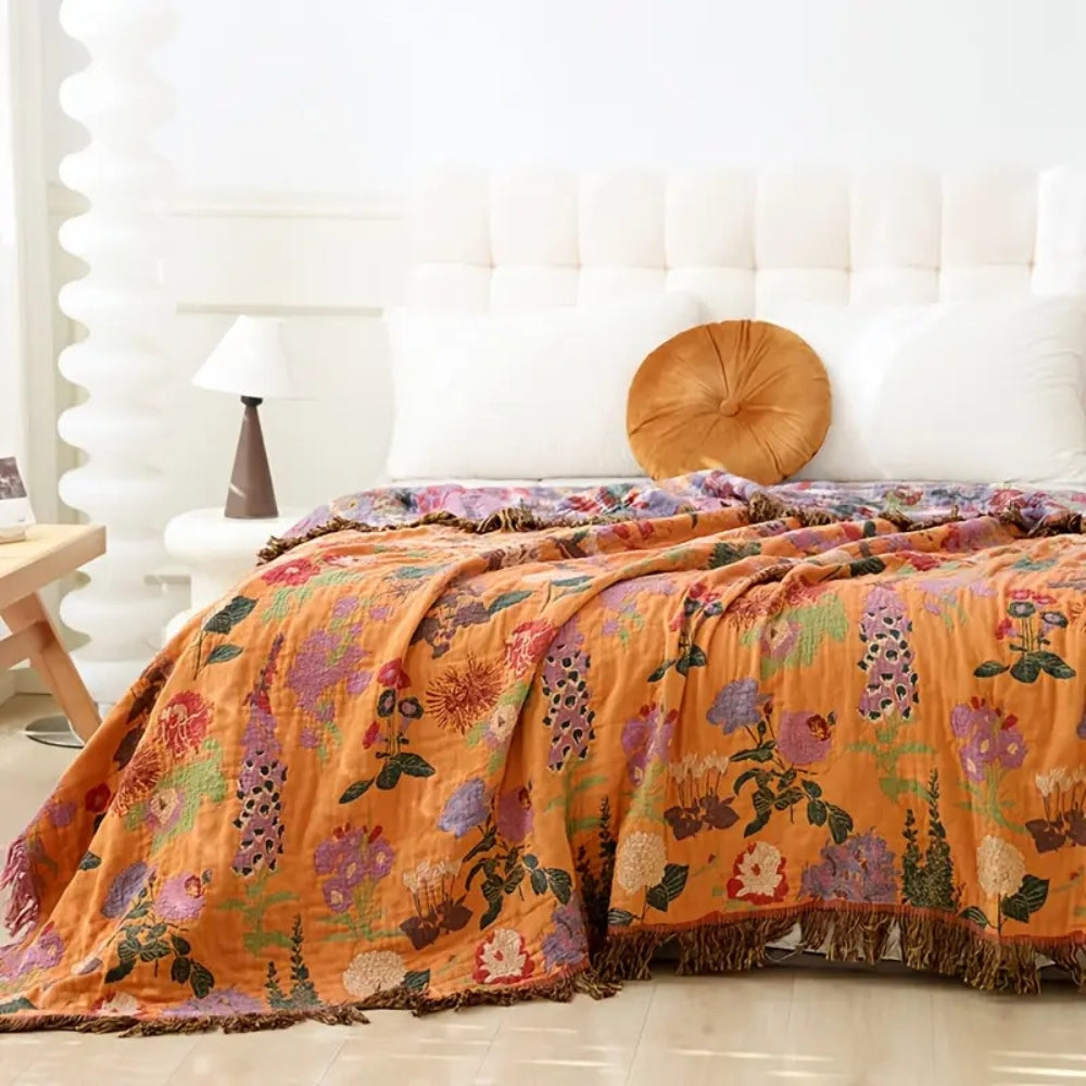 BlütenLoom: Cotton Blanket with Floral Pattern – Reversible Cozy Blanket with Fringes for Sofa & Bed