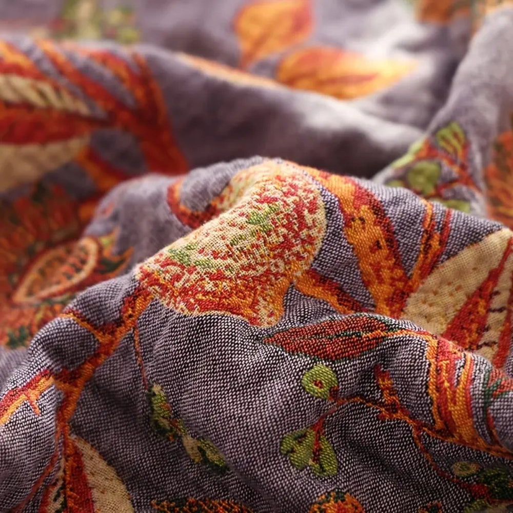 BlütenLoom: Cotton Blanket with Floral Pattern – Reversible Cozy Blanket with Fringes for Sofa & Bed