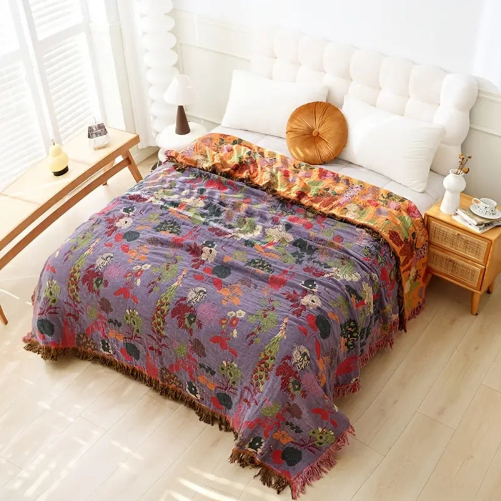 BlütenLoom: Cotton Blanket with Floral Pattern – Reversible Cozy Blanket with Fringes for Sofa & Bed