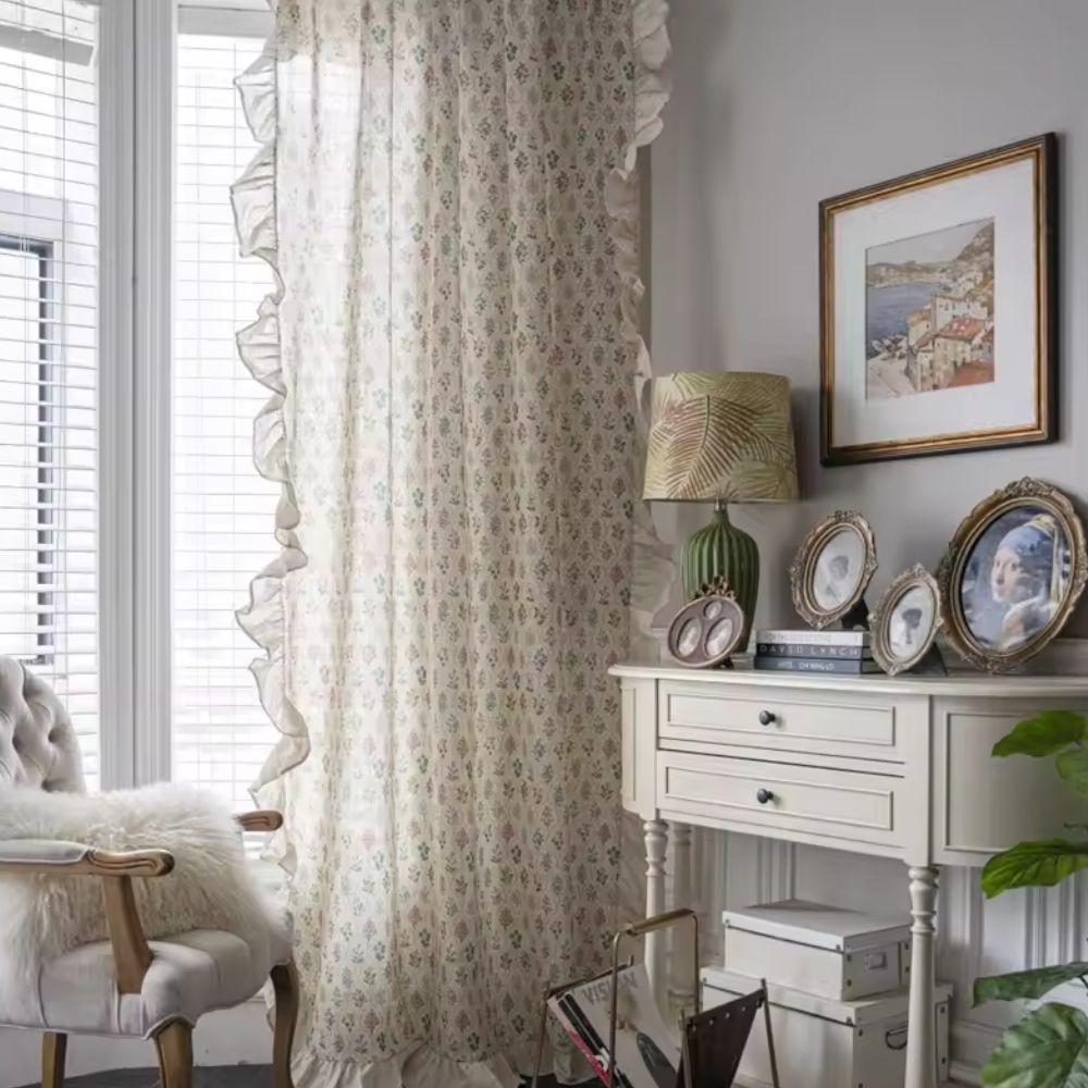 Blossom Ecstasy: Curtains with Lace Embroidery & Ruffles – Romantic Vintage Style for Living Room