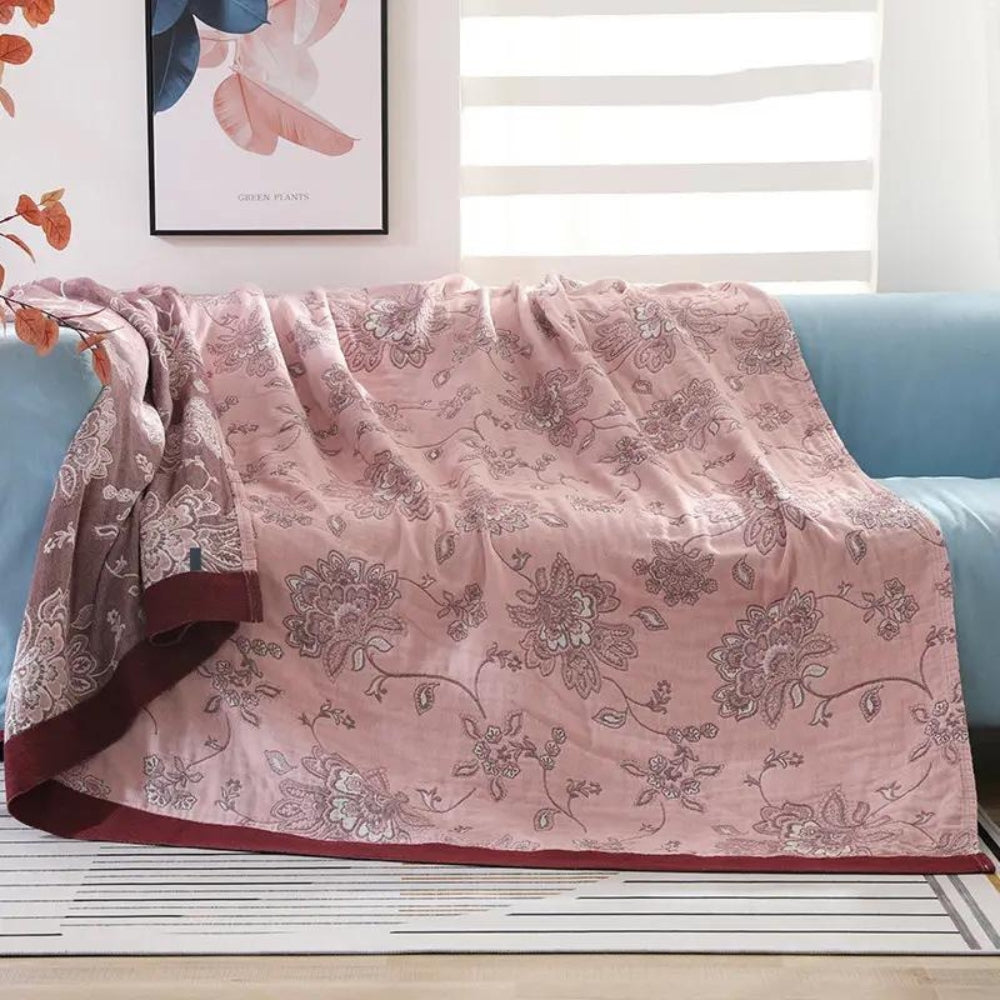 Blossom Dream: Cotton Cuddly Blanket with Floral Pattern – Lightweight Summer Blanket for Sofa & Bed