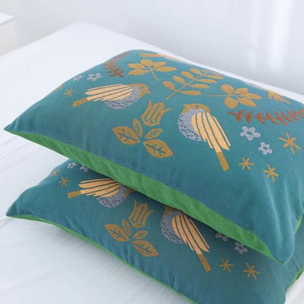 BlütenVogel: Cotton Cushion Cover in Boho Style with Floral & Bird Motif (Set of 2)