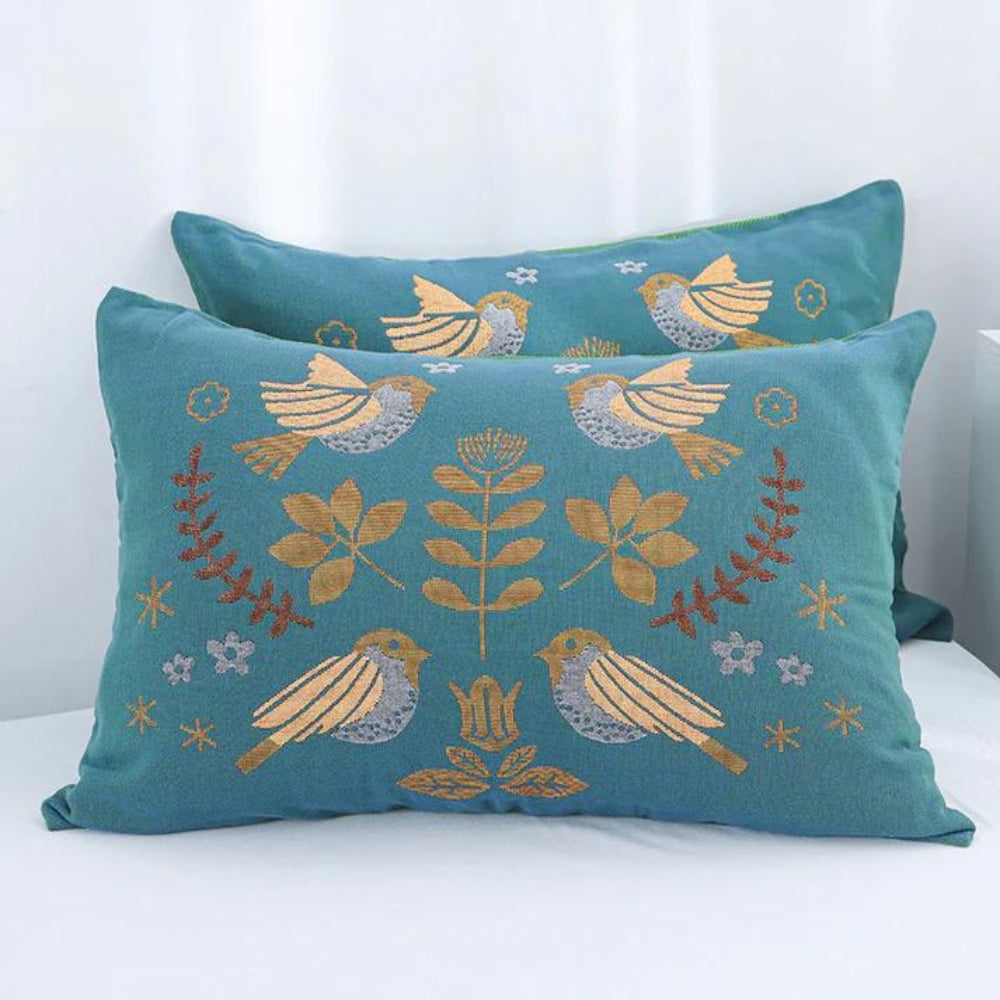 BlütenVogel: Cotton Cushion Cover in Boho Style with Floral & Bird Motif (Set of 2)