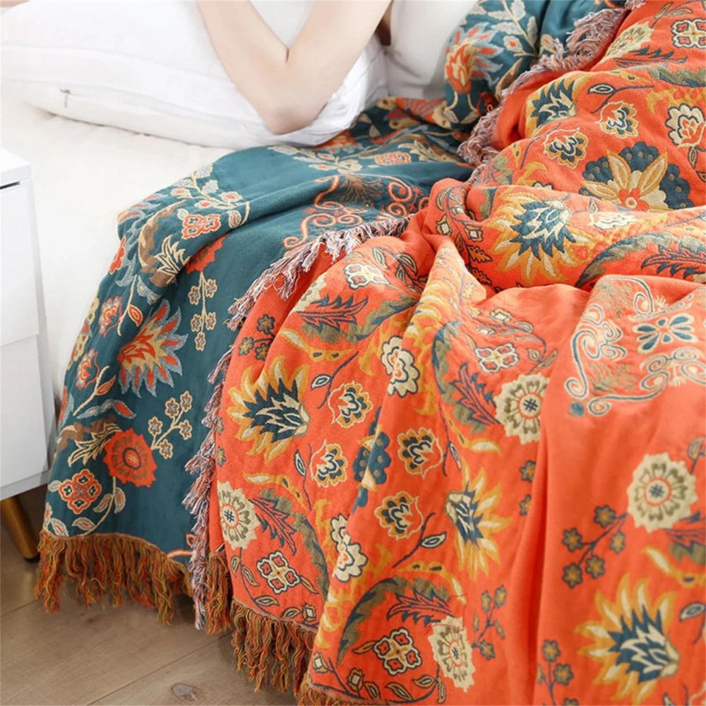BlütenWende: Cotton Blanket with Floral Pattern – Reversible Cozy Blanket for Sofa & Bed