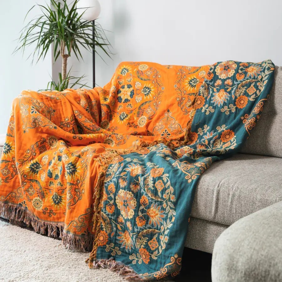 BlütenWende: Cotton Blanket with Floral Pattern – Reversible Cozy Blanket for Sofa & Bed