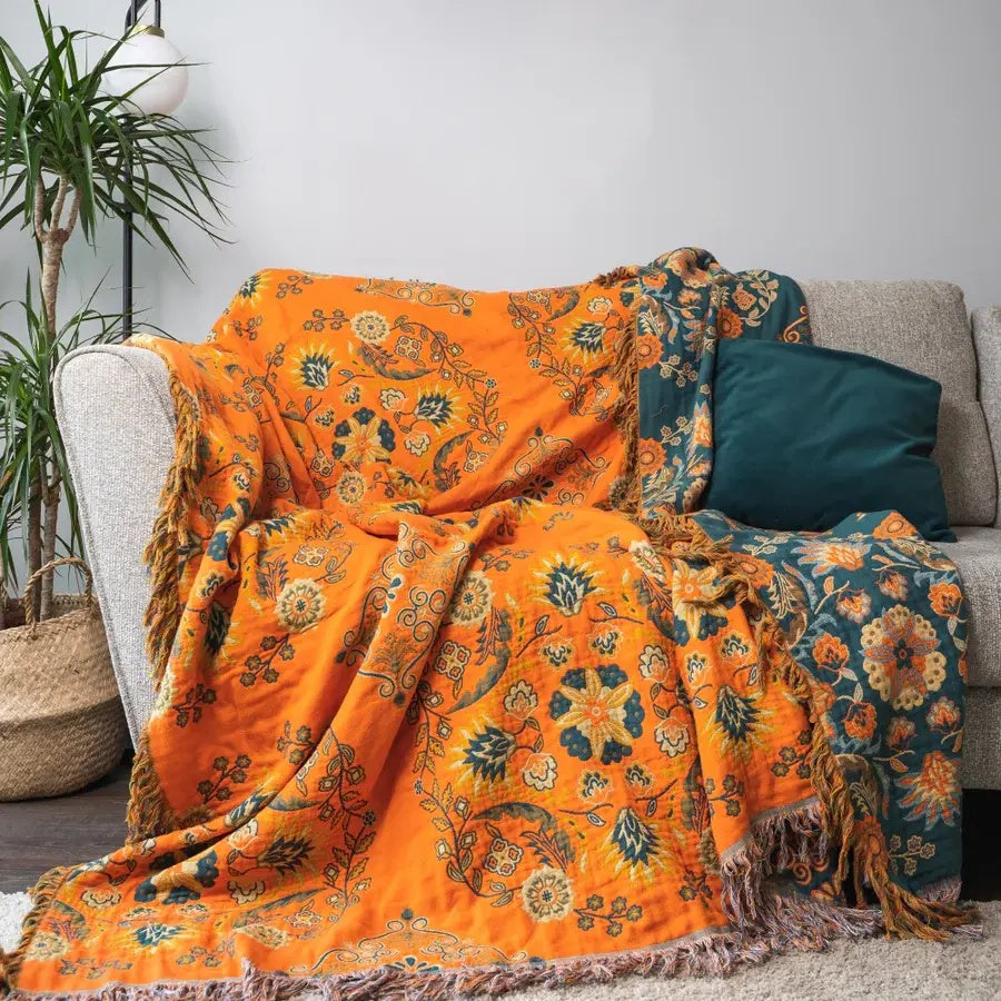 BlütenWende: Cotton Blanket with Floral Pattern – Reversible Cozy Blanket for Sofa & Bed