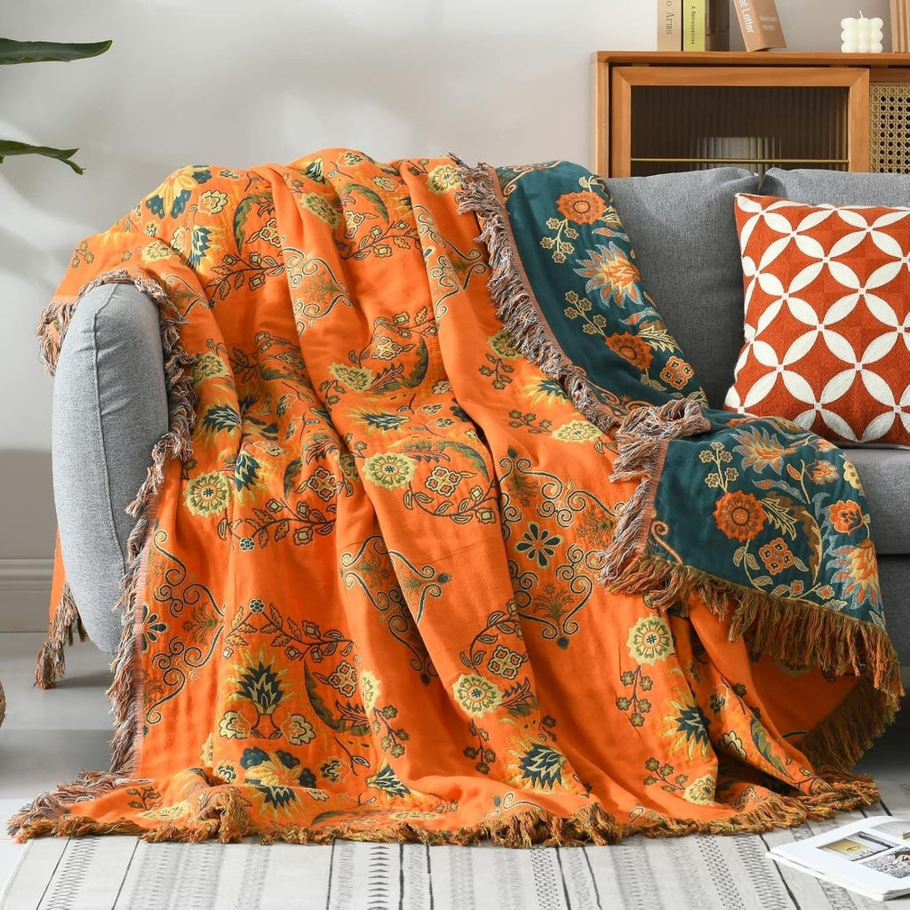 BlütenWende: Cotton Blanket with Floral Pattern – Reversible Cozy Blanket for Sofa & Bed