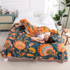 BlütenZauber: Cotton blankets in Boho flower design with lightweight texture & breathable comfort – for sofa & bedroom