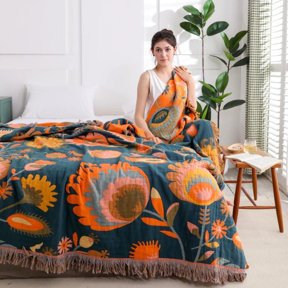 BlütenZauber: Cotton blankets in Boho flower design with lightweight texture & breathable comfort – for sofa & bedroom