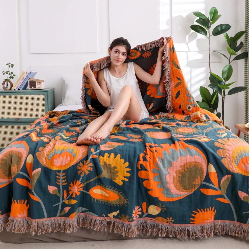 BlütenZauber: Cotton blankets in Boho flower design with lightweight texture & breathable comfort – for sofa & bedroom