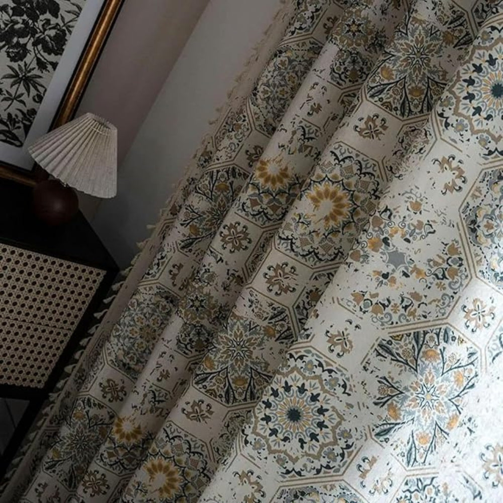 Boho Bliss: Curtain with Floral Structure & Tassels – Cozy & Stylish for Living and Dining Areas