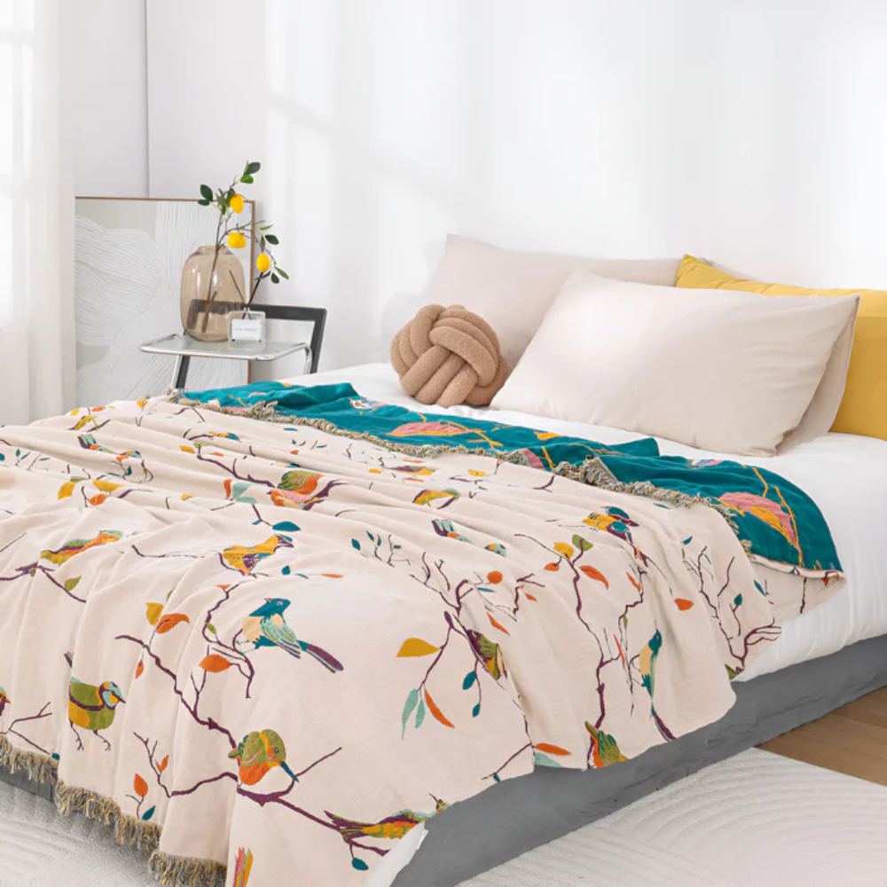 BohoNest: Cotton Blanket with Bird Pattern – Lightweight Cozy Blanket with Fringes