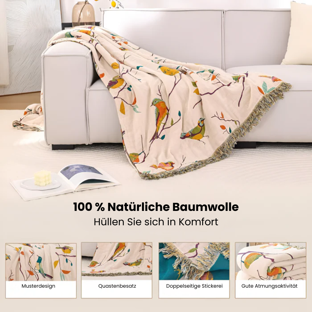 BohoNest: Cotton Blanket with Bird Pattern – Lightweight Cozy Blanket with Fringes