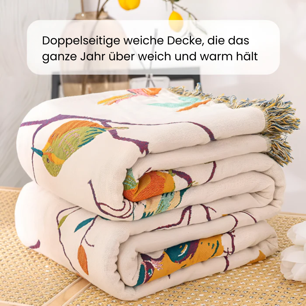 BohoNest: Cotton Blanket with Bird Pattern – Lightweight Cozy Blanket with Fringes