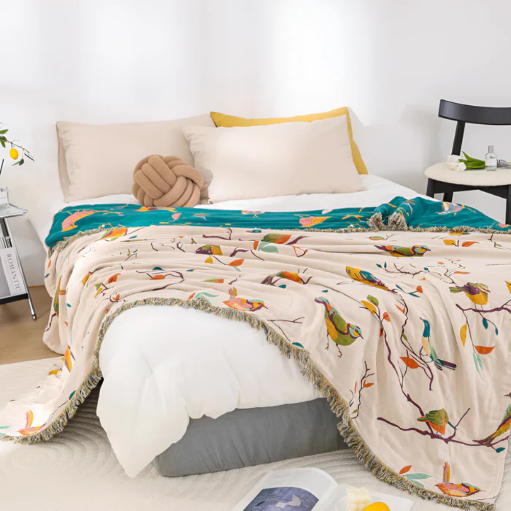 BohoNest: Cotton Blanket with Bird Pattern – Lightweight Cozy Blanket with Fringes