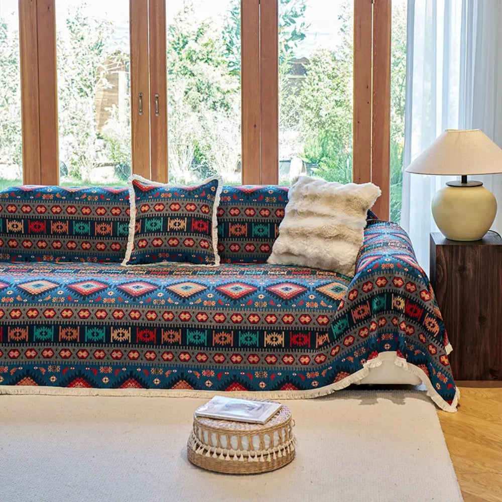 BohoNomad: Boho Sofa Throw with Geometric Pattern – Colorful Chenille Sofa Cover for Living Room