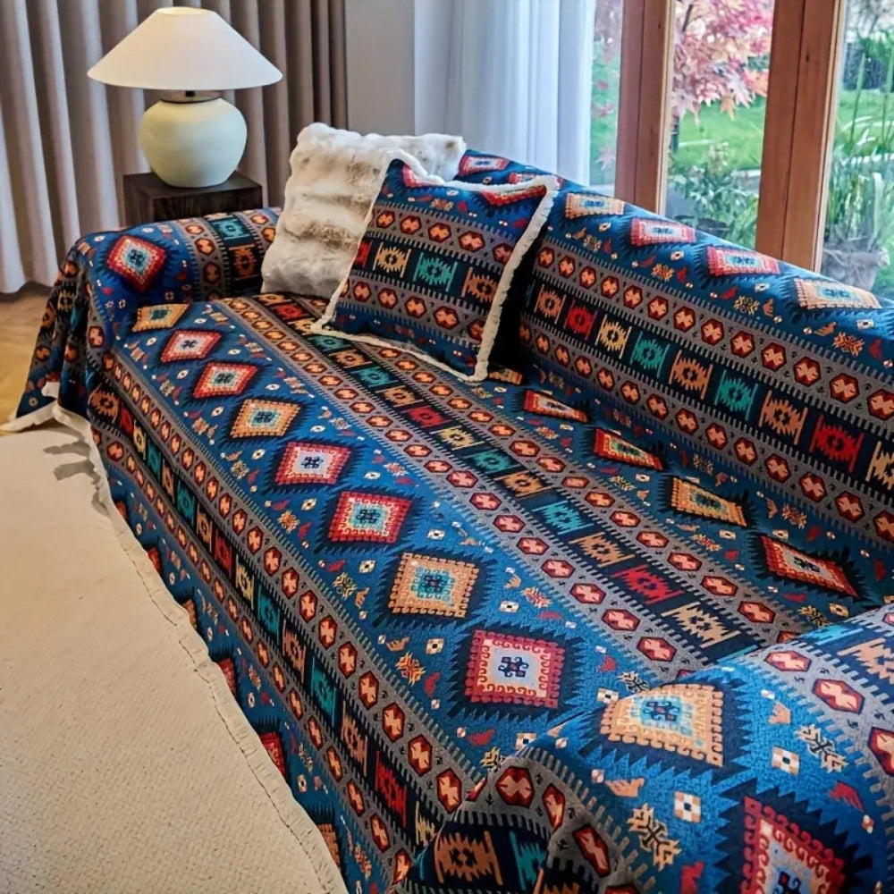 BohoNomad: Boho Sofa Throw with Geometric Pattern – Colorful Chenille Sofa Cover for Living Room