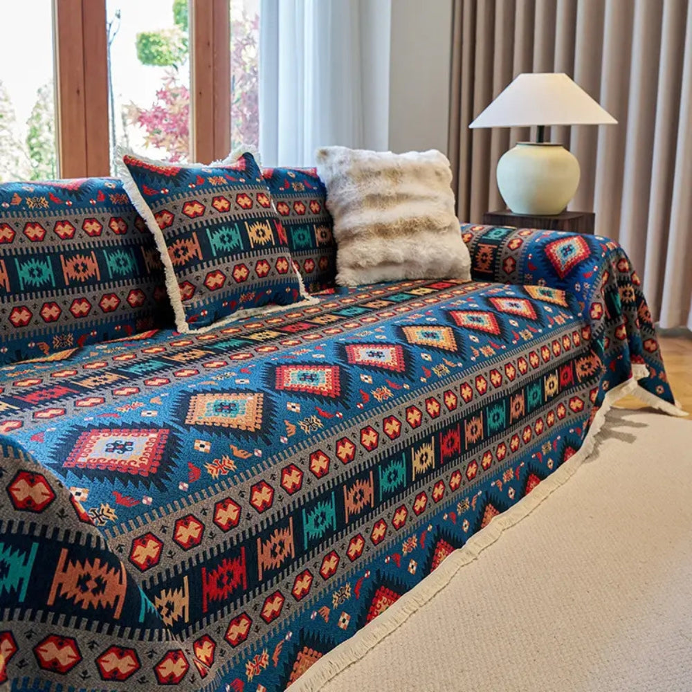 BohoNomad: Boho Sofa Throw with Geometric Pattern – Colorful Chenille Sofa Cover for Living Room