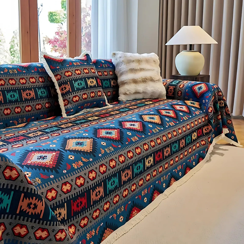 BohoNomad: Boho Sofa Throw with Geometric Pattern – Colorful Chenille Sofa Cover for Living Room