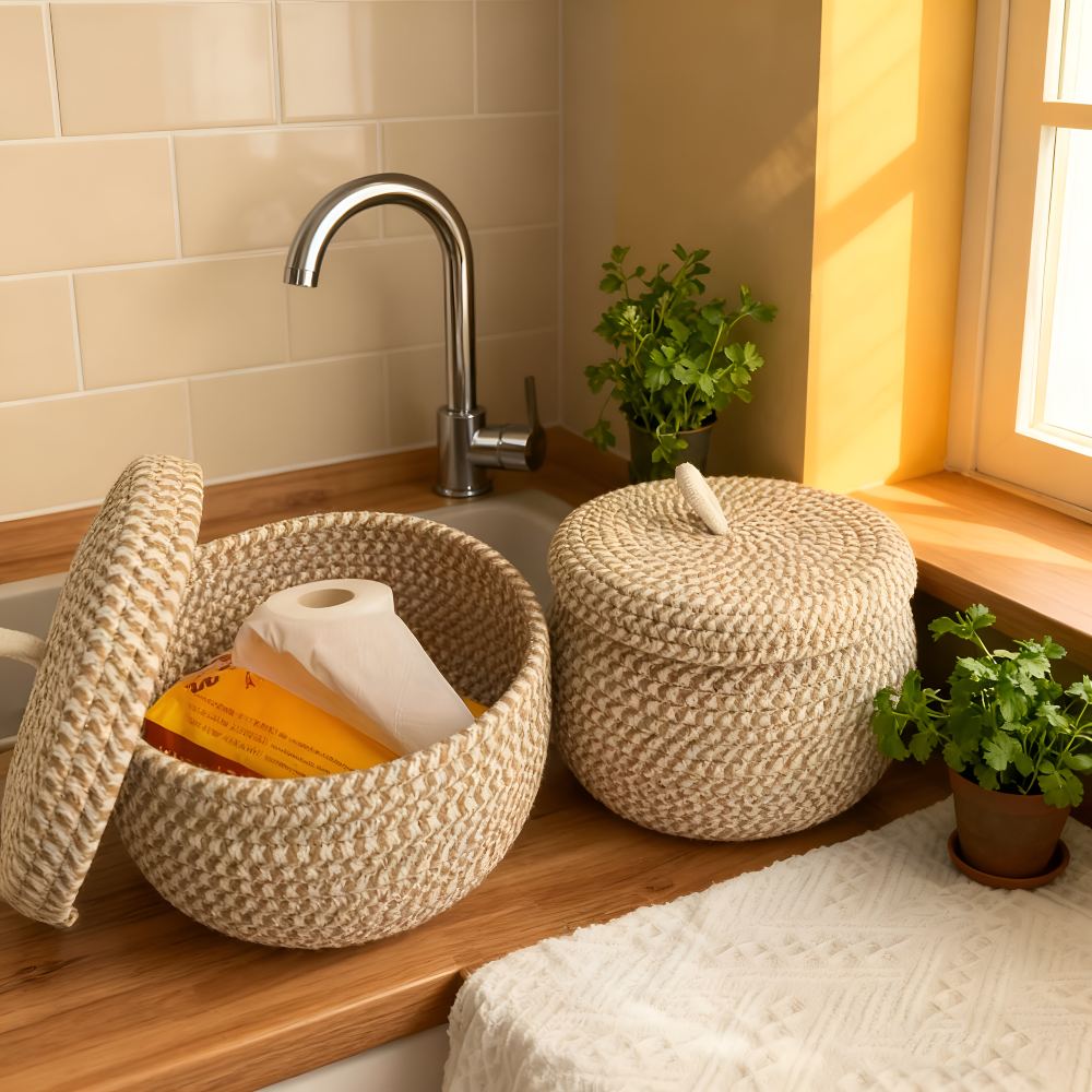 Mirellia – Round Bohemian Storage Basket With Lid