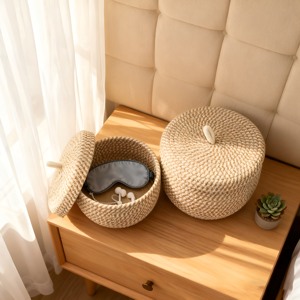 Mirellia – Round Bohemian Storage Basket With Lid