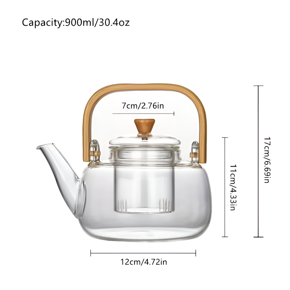 Seravine – Glass Teapot 900ml of Borosilicate Glass with Bamboo Handle and Tea Strainer