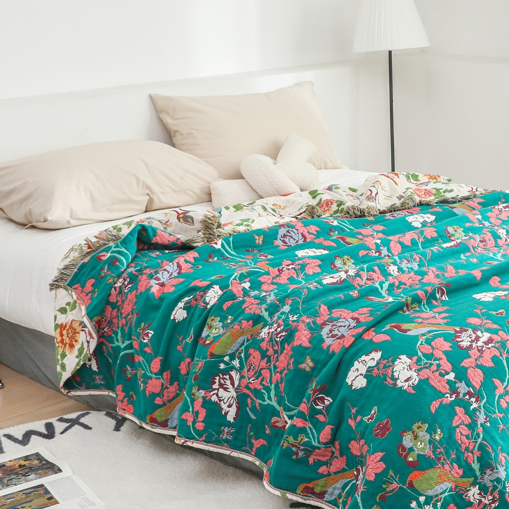 Botanical Bluebird: Reversible Cotton Blanket with Floral & Bird Motif – for Bedroom & Living Room