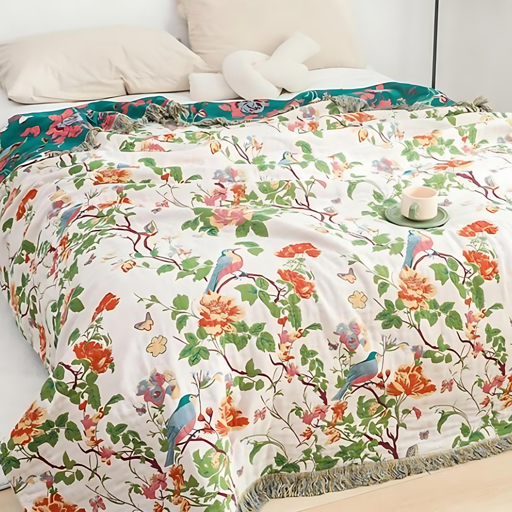 Botanical Bluebird: Reversible Cotton Blanket with Floral & Bird Motif – for Bedroom & Living Room