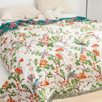Botanical Bluebird: Reversible Cotton Blanket with Floral & Bird Motif – for Bedroom & Living Room