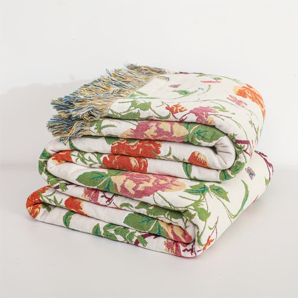 Botanical Bluebird: Reversible Cotton Blanket with Floral & Bird Motif – for Bedroom & Living Room